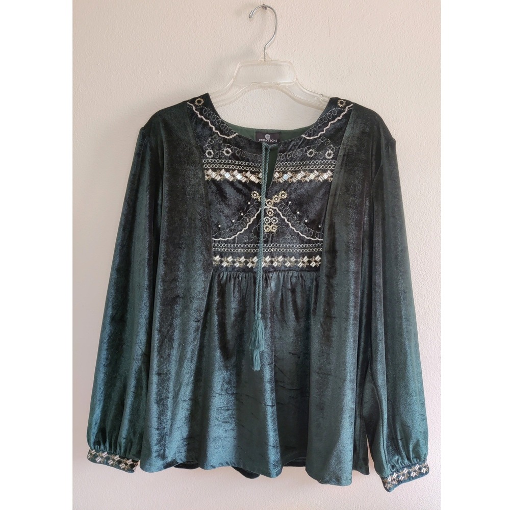 Curations Womens XL Emerald Green Velvet Embroidered Sequin Tassel Blouse Boho